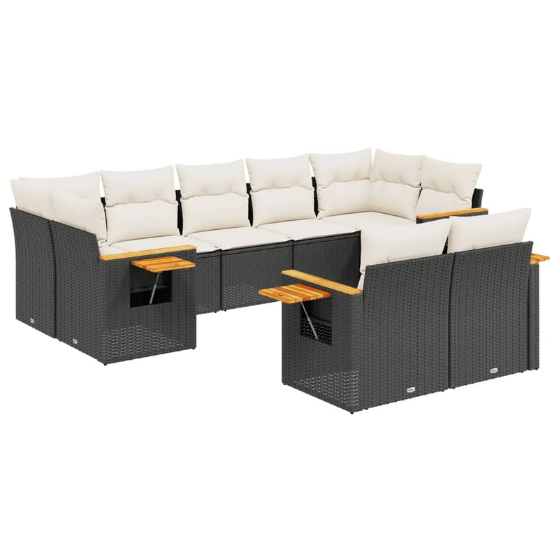 9-delige Loungeset met kussens poly rattan zwart