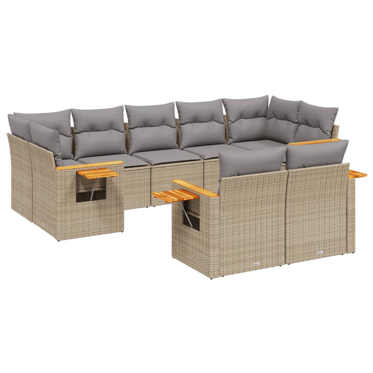 9-delige Loungeset met kussens poly rattan beige
