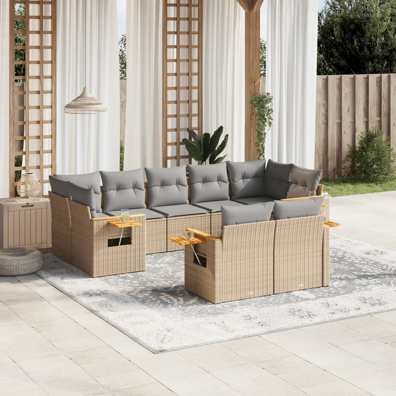 9-delige Loungeset met kussens poly rattan beige
