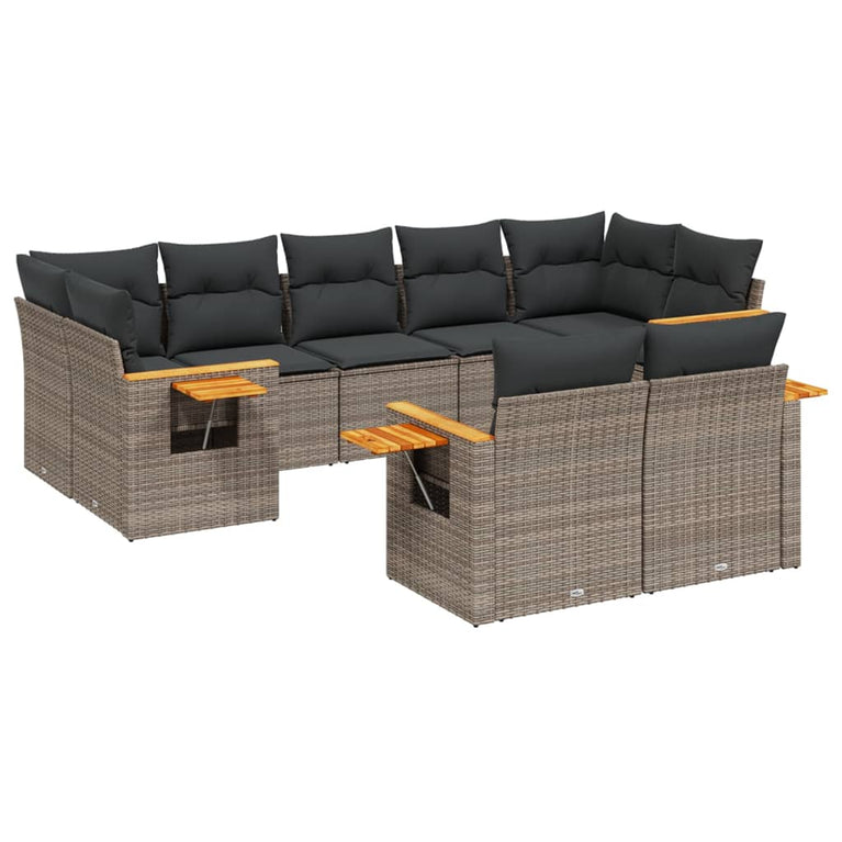9-delige Loungeset met kussens poly rattan grijs