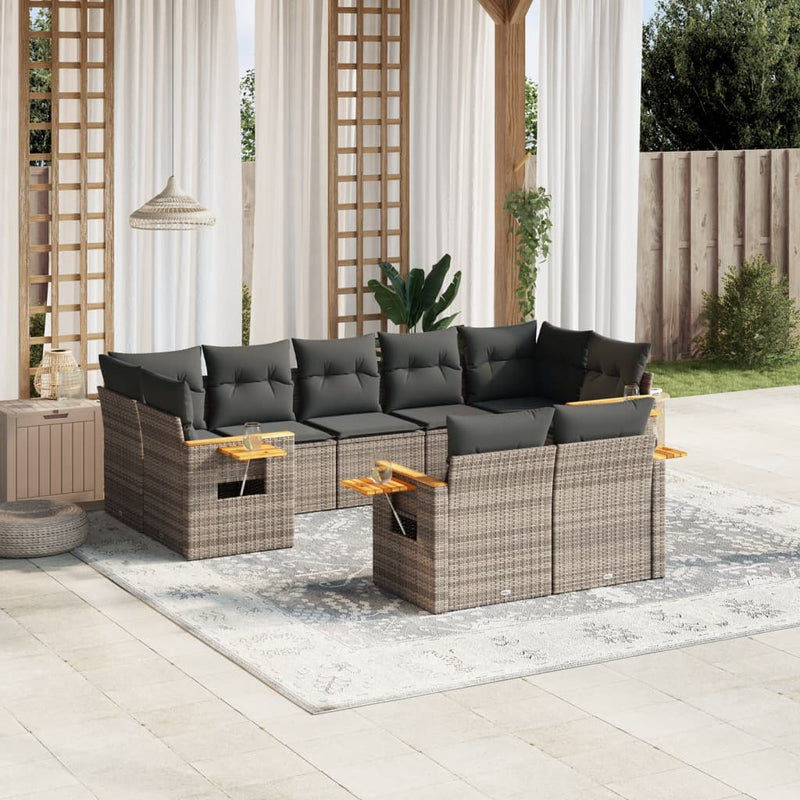 9-delige Loungeset met kussens poly rattan grijs