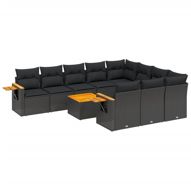 11-delige Loungeset met kussens poly rattan zwart
