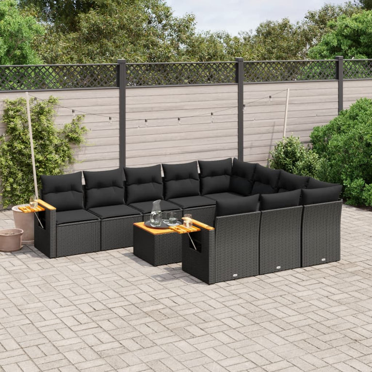 11-delige Loungeset met kussens poly rattan zwart