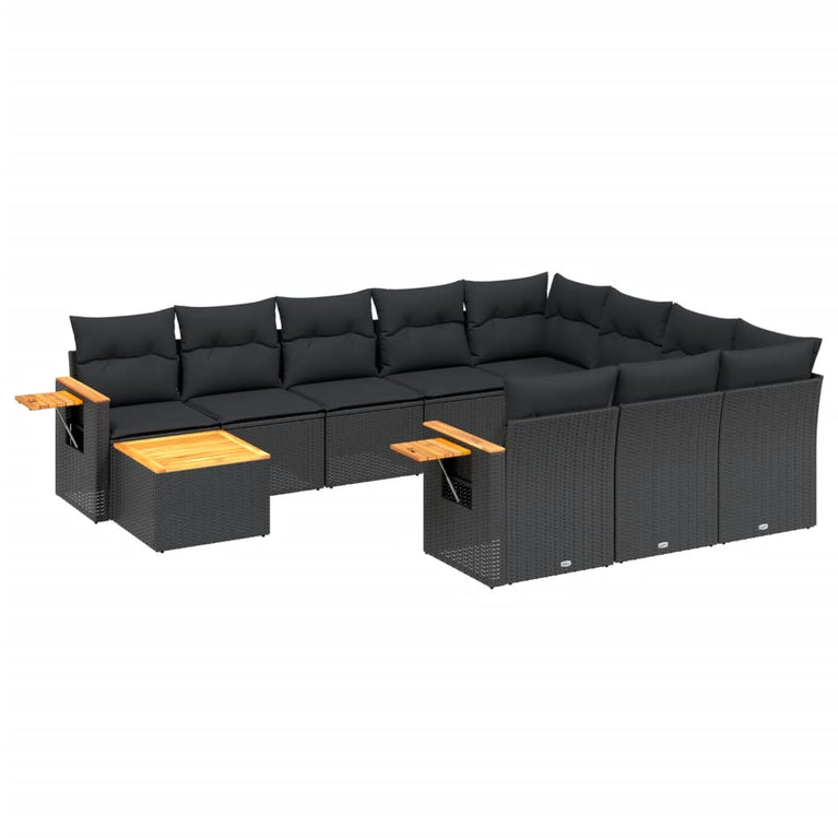 11-delige Loungeset met kussens poly rattan zwart