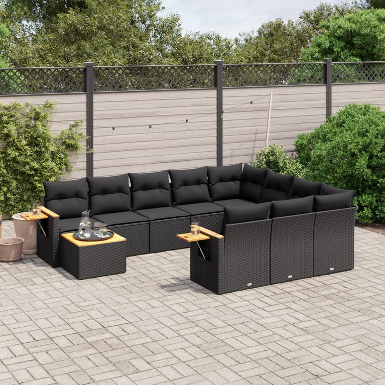 11-delige Loungeset met kussens poly rattan zwart