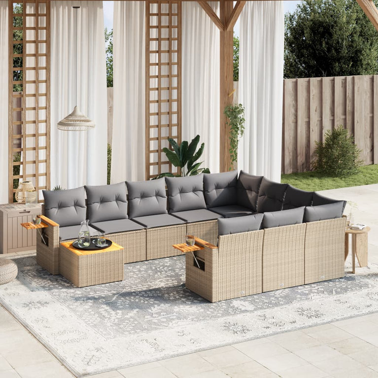 11-delige Tuinset met kussens poly rattan beige
