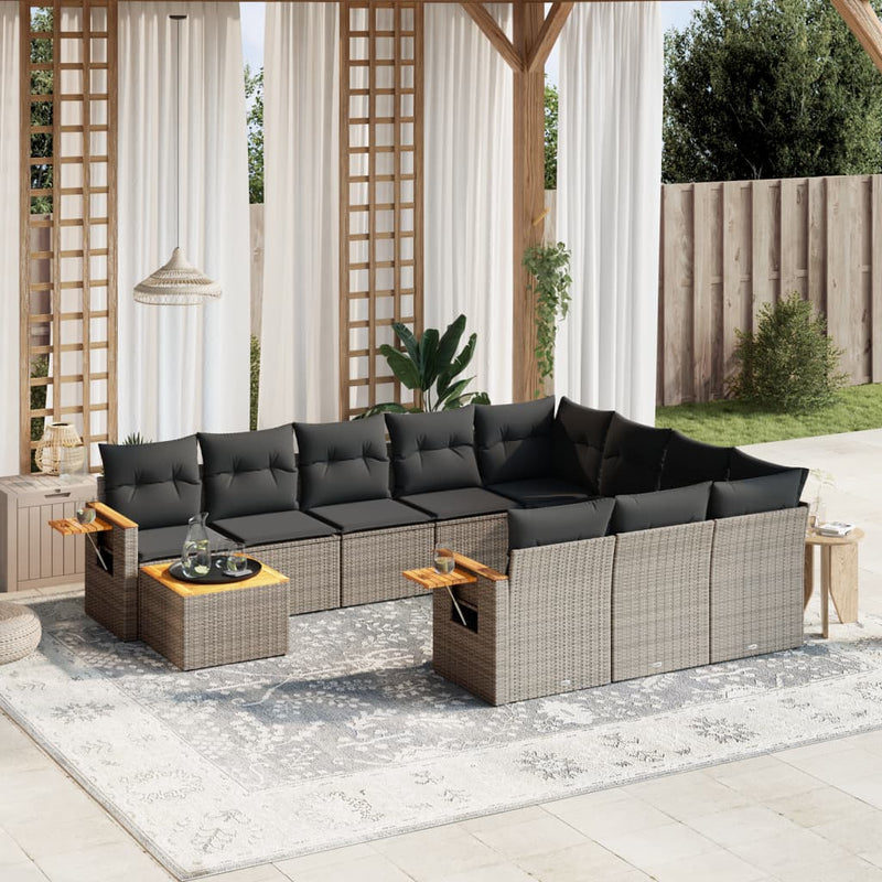 11-delige Loungeset met kussens poly rattan grijs