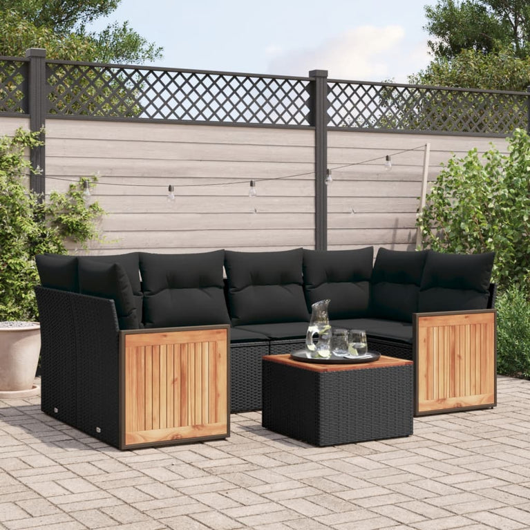 7-delige Loungeset met kussens poly rattan zwart