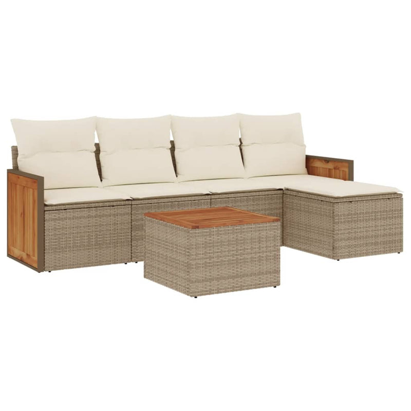6-delige Loungeset met kussens poly rattan beige