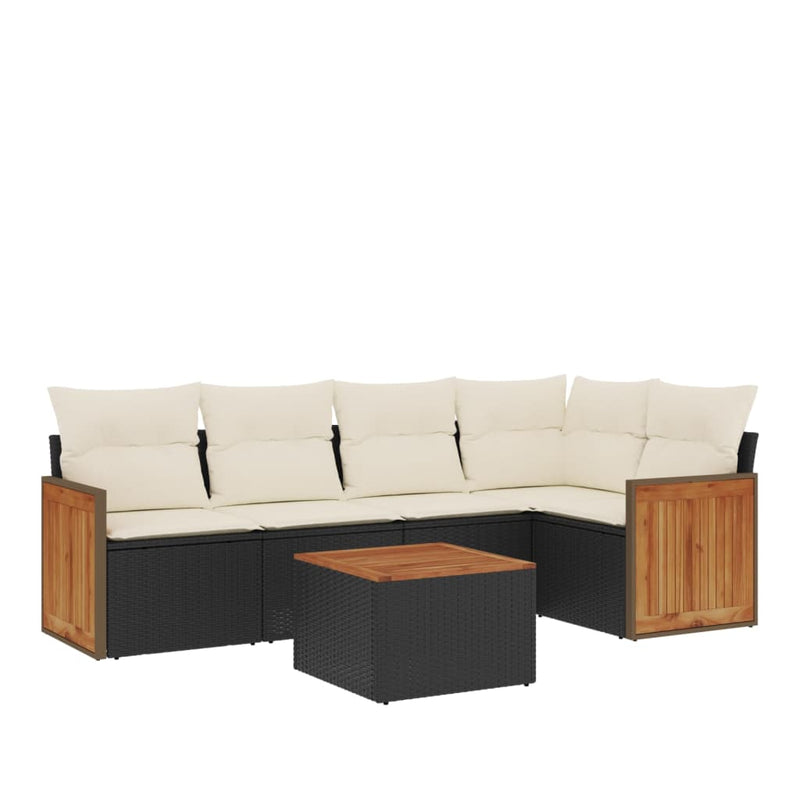 6-delige Loungeset met kussens poly rattan zwart