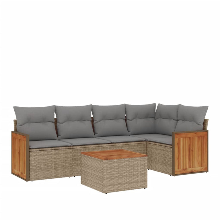 6-delige Loungeset met kussens poly rattan beige
