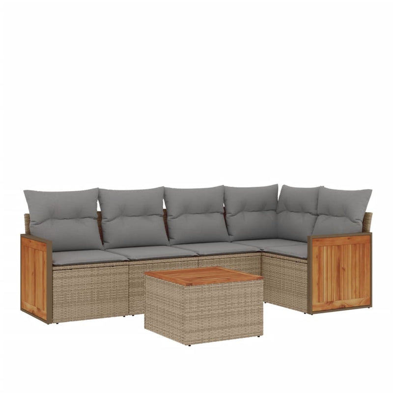 6-delige Loungeset met kussens poly rattan beige
