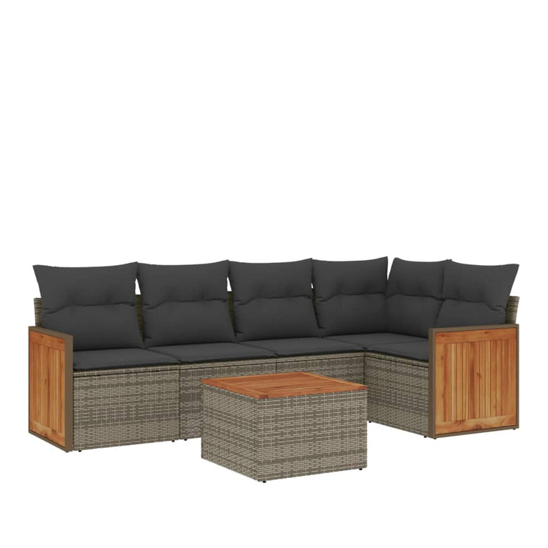 6-delige Loungeset met kussens poly rattan grijs