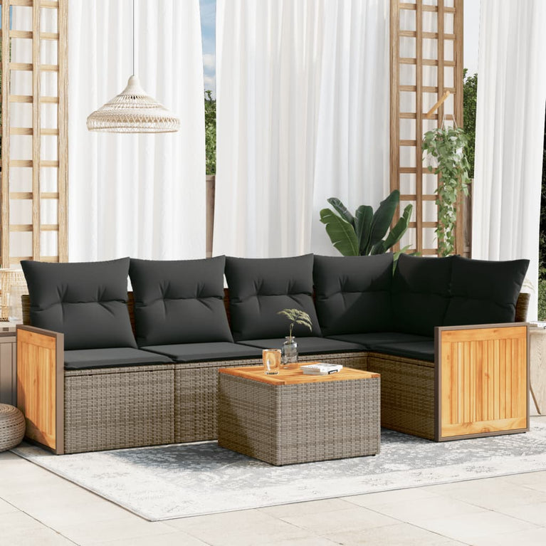 6-delige Loungeset met kussens poly rattan grijs