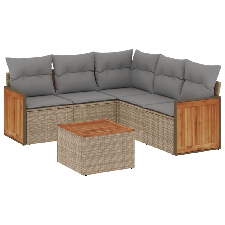 6-delige Loungeset met kussens poly rattan beige
