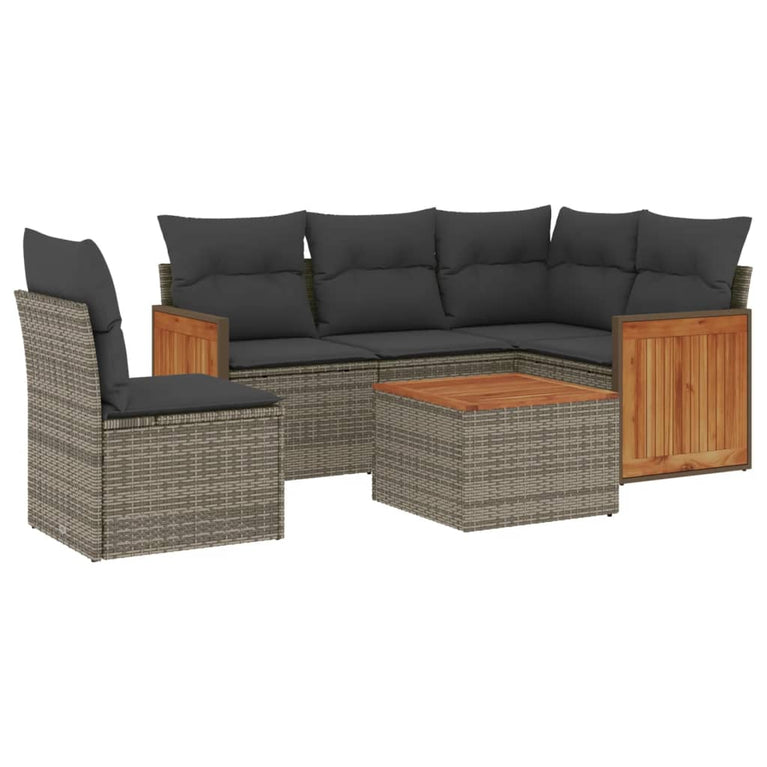 6-delige Loungeset met kussens poly rattan grijs