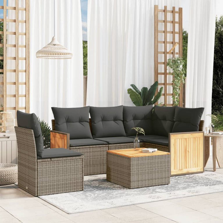 6-delige Loungeset met kussens poly rattan grijs