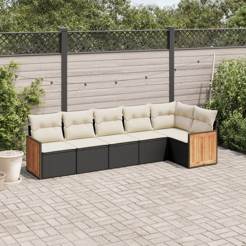 6-delige Loungeset met kussens poly rattan zwart