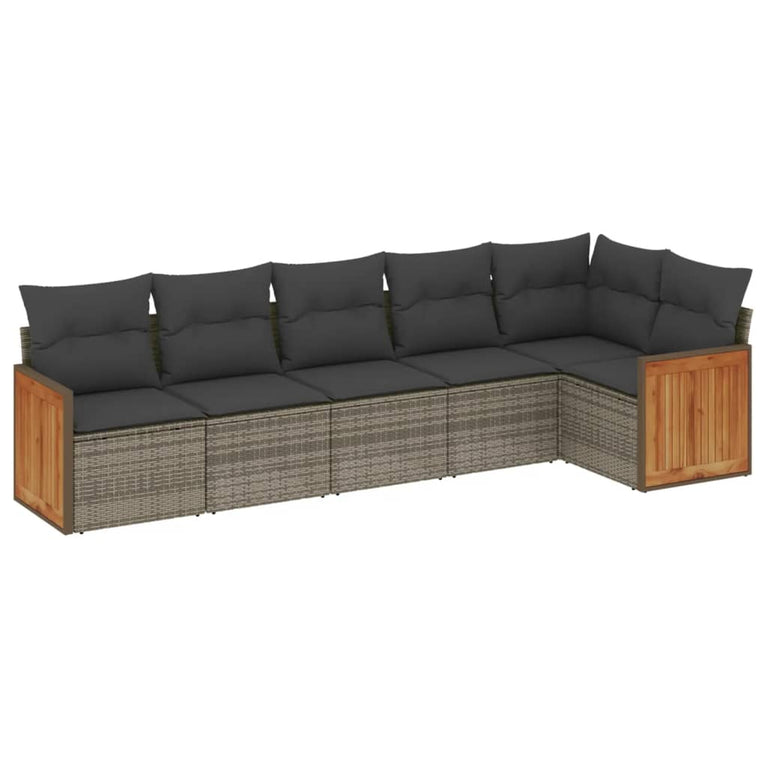 6-delige Loungeset met kussens poly rattan grijs