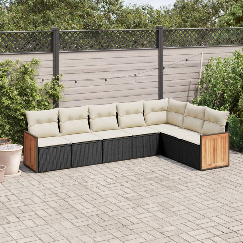 7-delige Loungeset met kussens poly rattan zwart