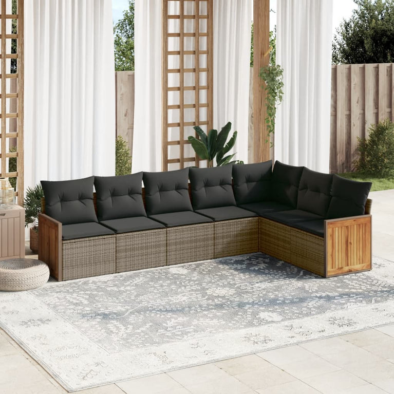 7-delige Loungeset met kussens poly rattan grijs
