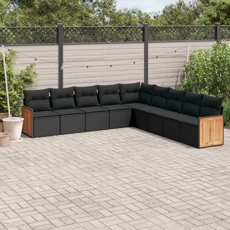 9-delige Loungeset met kussens poly rattan zwart