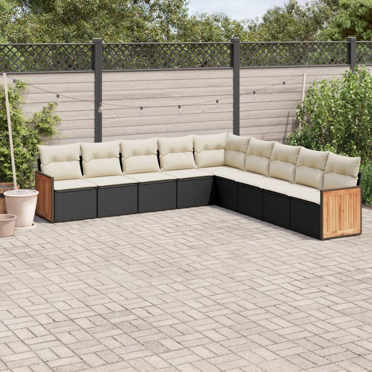 9-delige Loungeset met kussens poly rattan zwart