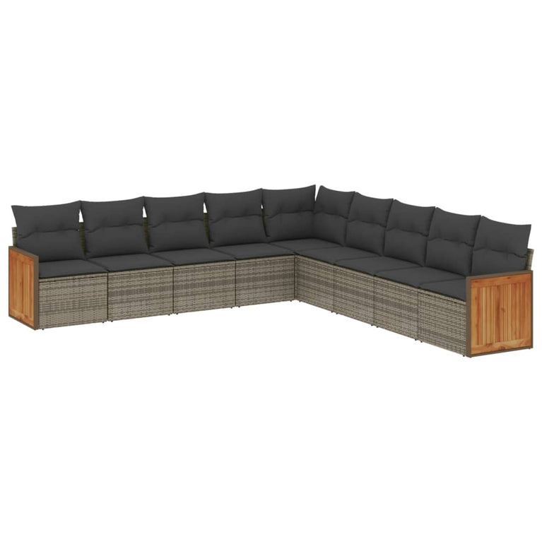 9-delige Loungeset met kussens poly rattan grijs