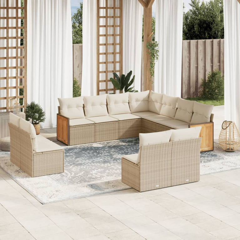 11-delige Tuinset met kussens poly rattan beige
