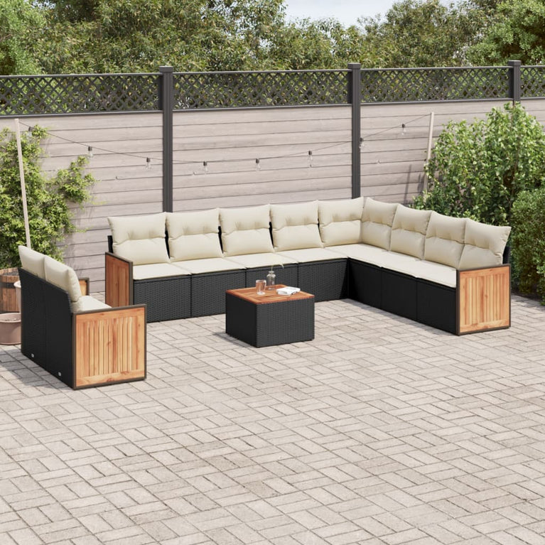 11-delige Loungeset met kussens poly rattan zwart