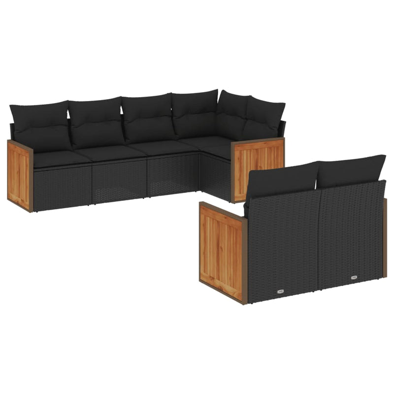 7-delige Loungeset met kussens poly rattan zwart