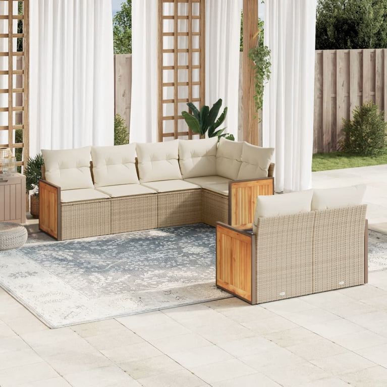 7-delige Loungeset met kussens poly rattan beige