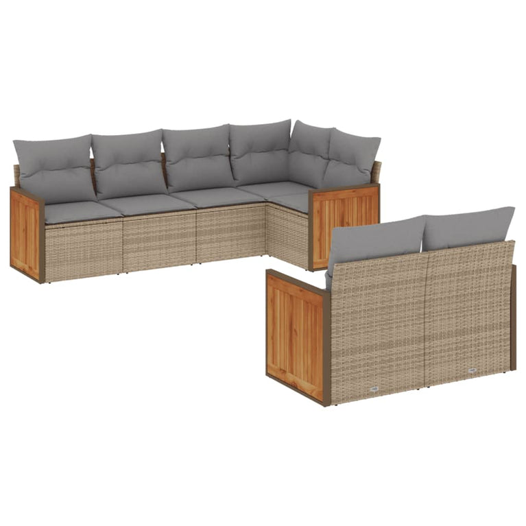 7-delige Loungeset met kussens poly rattan beige
