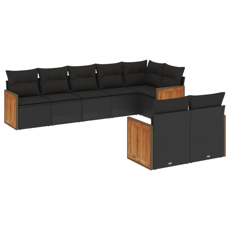 8-delige Loungeset met kussens poly rattan zwart
