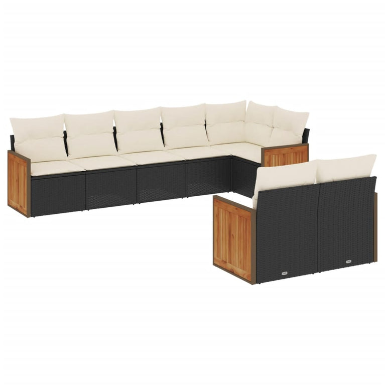 8-delige Loungeset met kussens poly rattan zwart