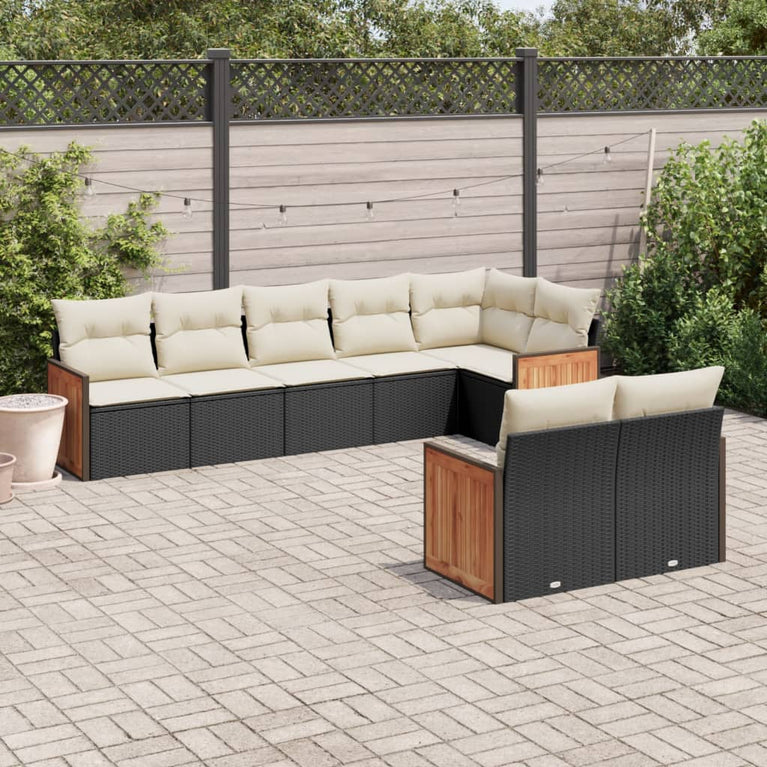 8-delige Loungeset met kussens poly rattan zwart
