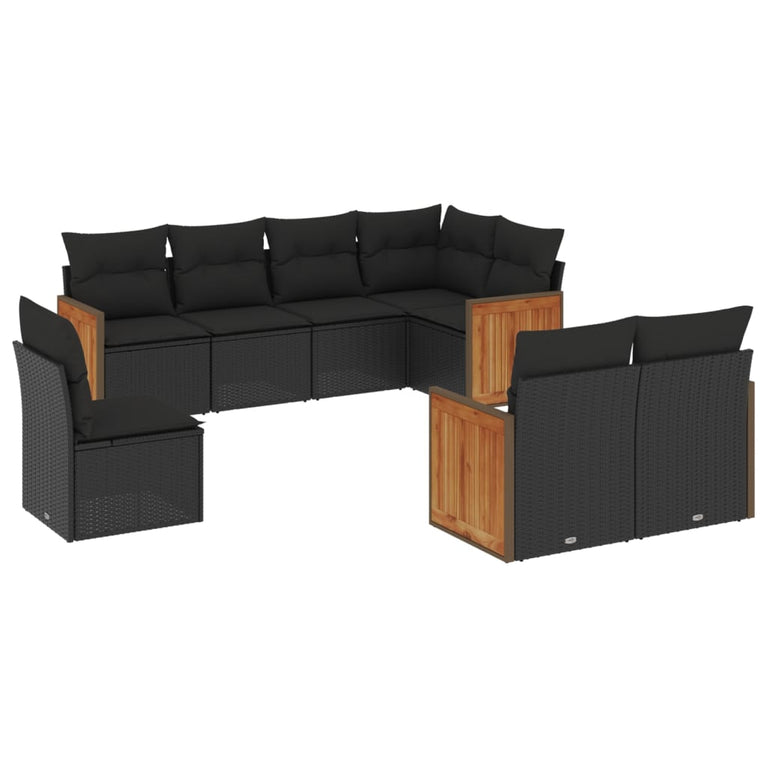 8-delige Loungeset met kussens poly rattan zwart