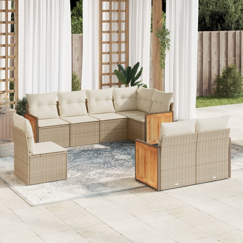8-delige Loungeset met kussens poly rattan beige