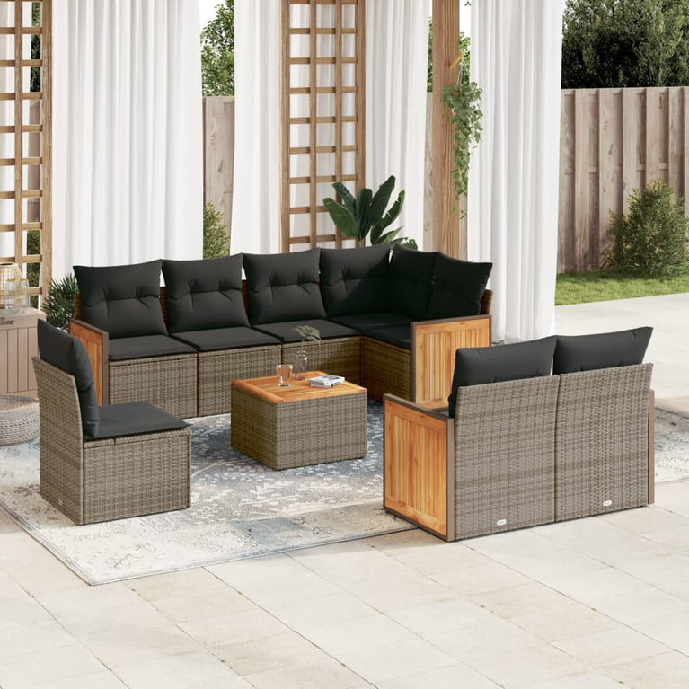 9-delige Loungeset met kussens poly rattan grijs