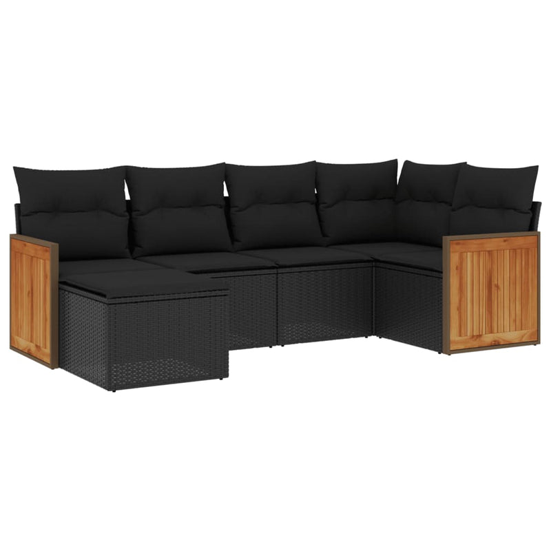 6-delige Loungeset met kussens poly rattan zwart