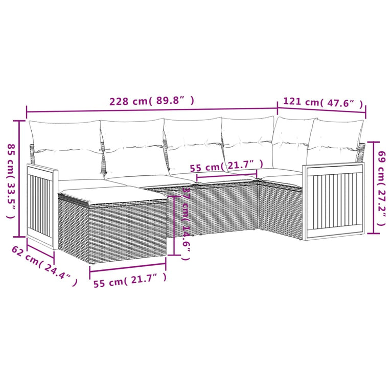 6-delige Loungeset met kussens poly rattan grijs