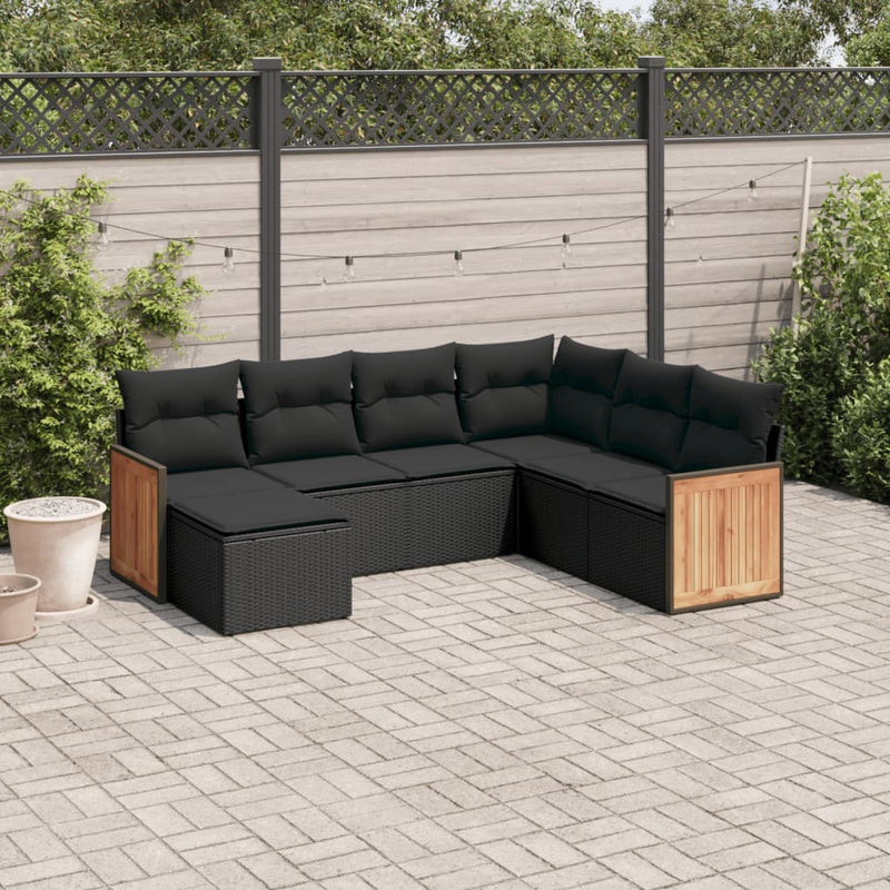 7-delige Loungeset met kussens poly rattan zwart