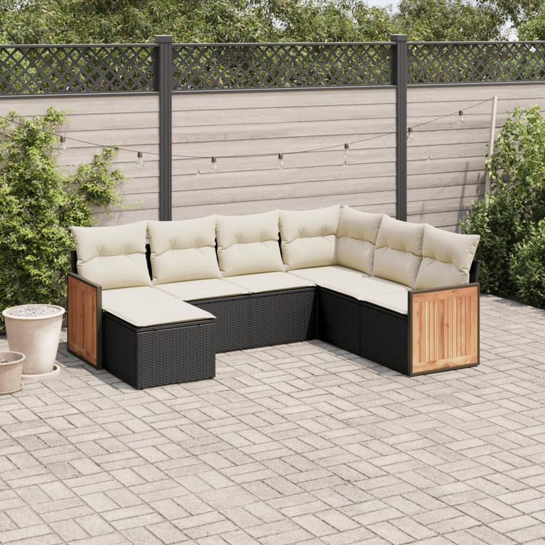 7-delige Loungeset met kussens poly rattan zwart