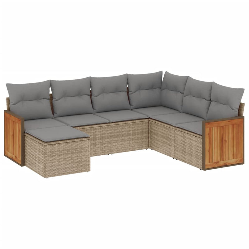7-delige Loungeset met kussens poly rattan beige