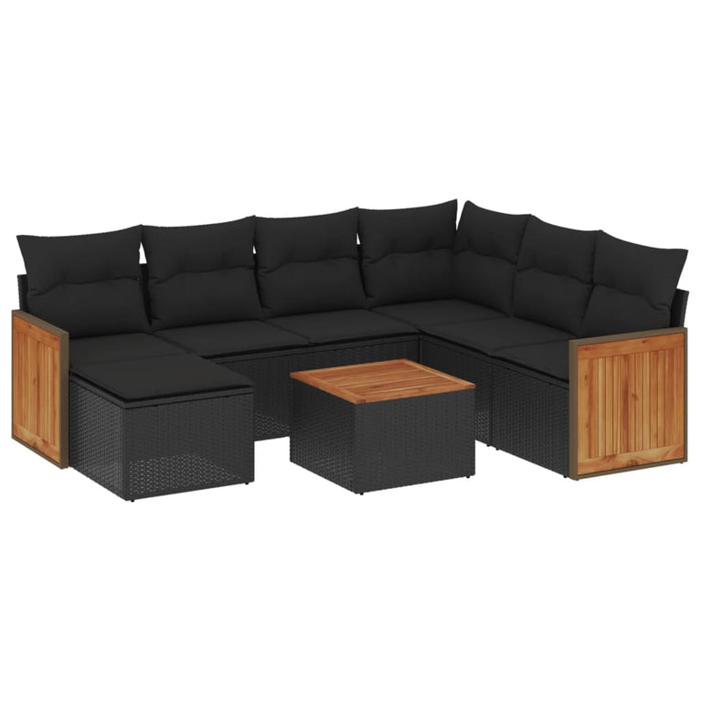 8-delige Loungeset met kussens poly rattan zwart
