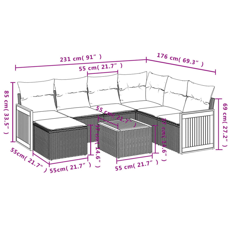 8-delige Loungeset met kussens poly rattan beige