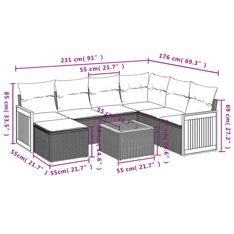 8-delige Loungeset met kussens poly rattan beige