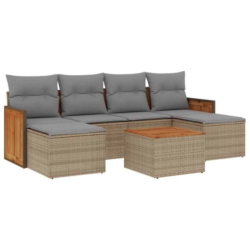 7-delige Loungeset met kussens poly rattan beige
