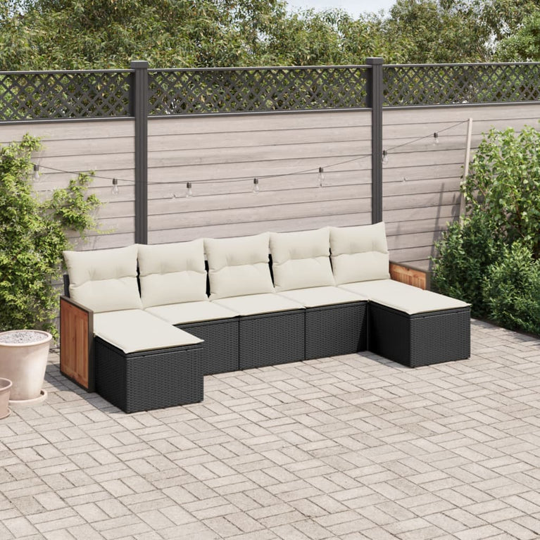 7-delige Loungeset met kussens poly rattan zwart