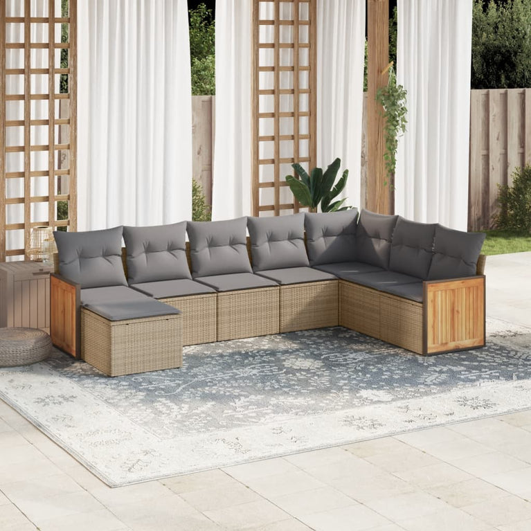 8-delige Loungeset met kussens poly rattan beige